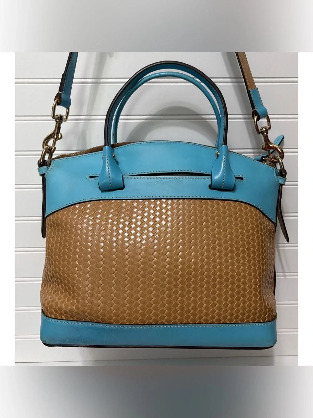 Dooney & Bourke Blue Leather Brown Woven Domed Satchel Shoulder Bag Purse Tote